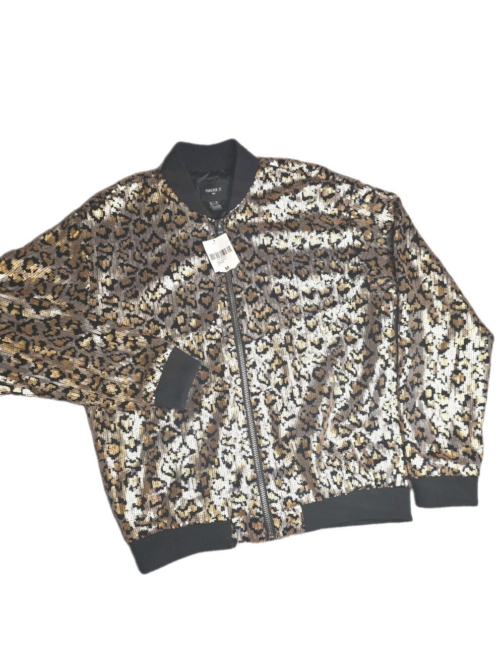FOREVER 21 Sequin Leopard Print Bomber Jacket Zip Gold Black Silver M